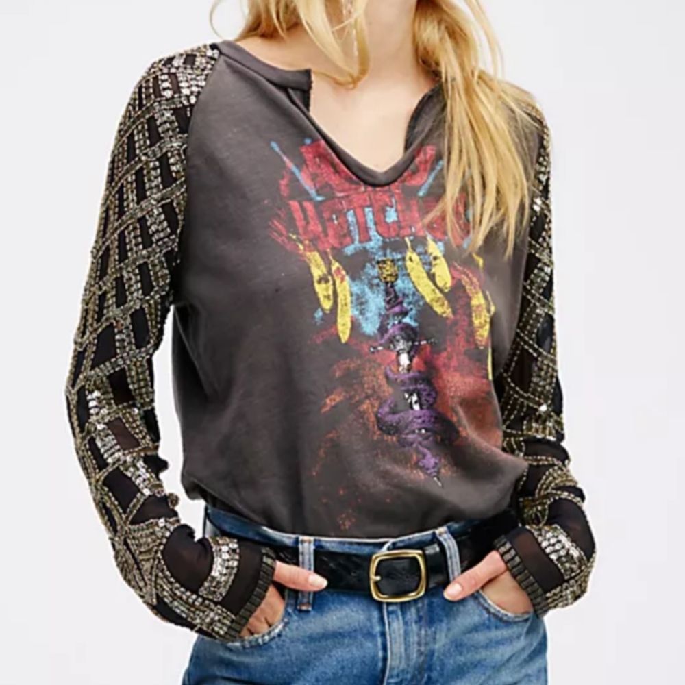Free People Black Graphic Long Sleeve Top